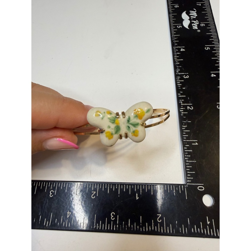 Avon Vintage Gold Tone Porcelain Butterfly Floral Cuff Bracelet Yellow White